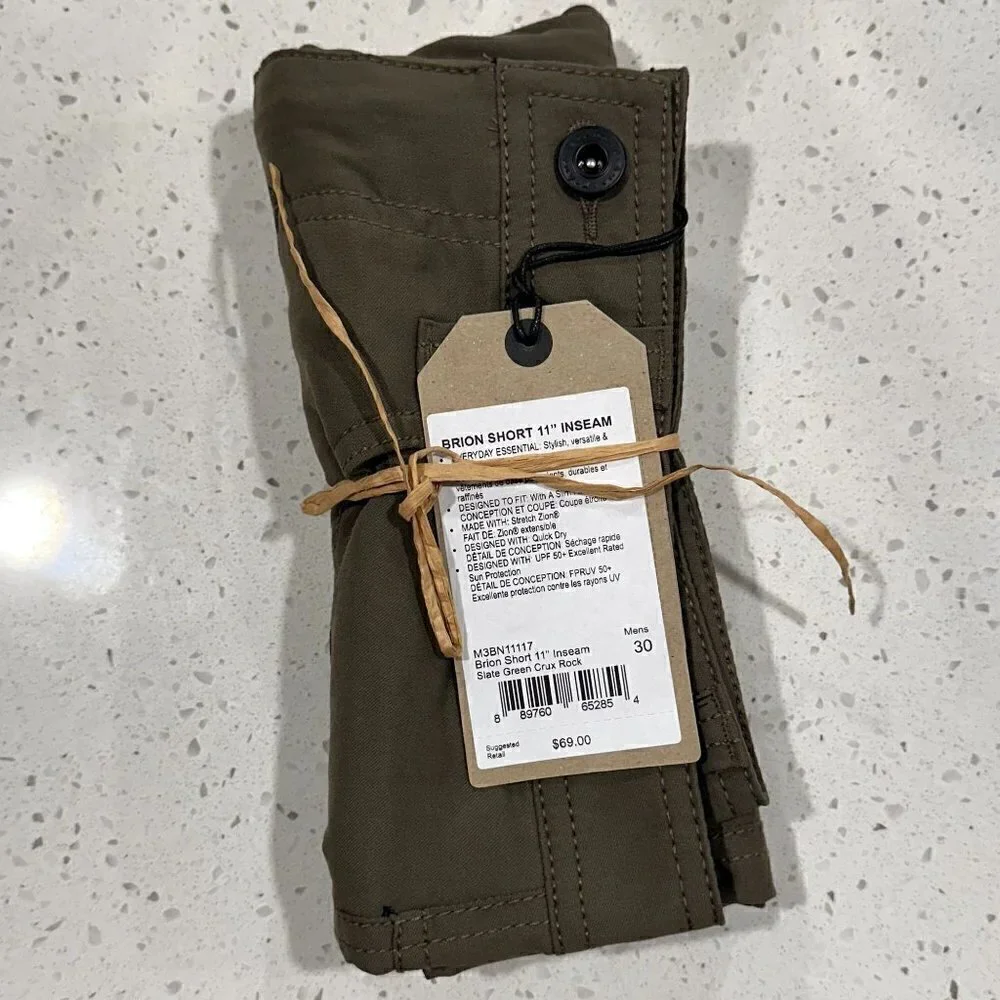 NWT Prana Men's Brion 11 inch Short in Slate Green Crux Rock - Size 30